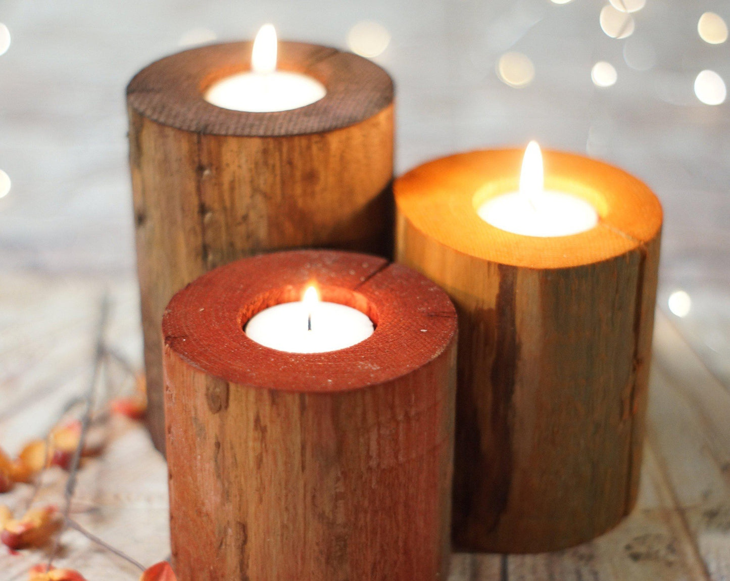 Log Candle holder set, Harvest Colors, Thanksgiving Table-Candle Holders-GFT Woodcraft