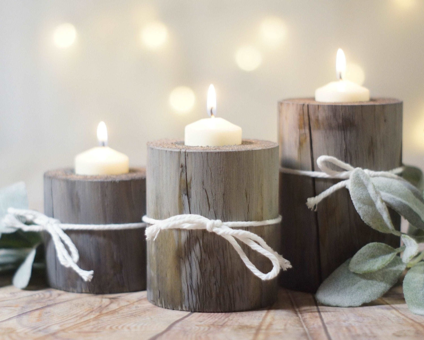 Log Candle Holder Set Gray with White Twine-Candle Holders-GFT Woodcraft