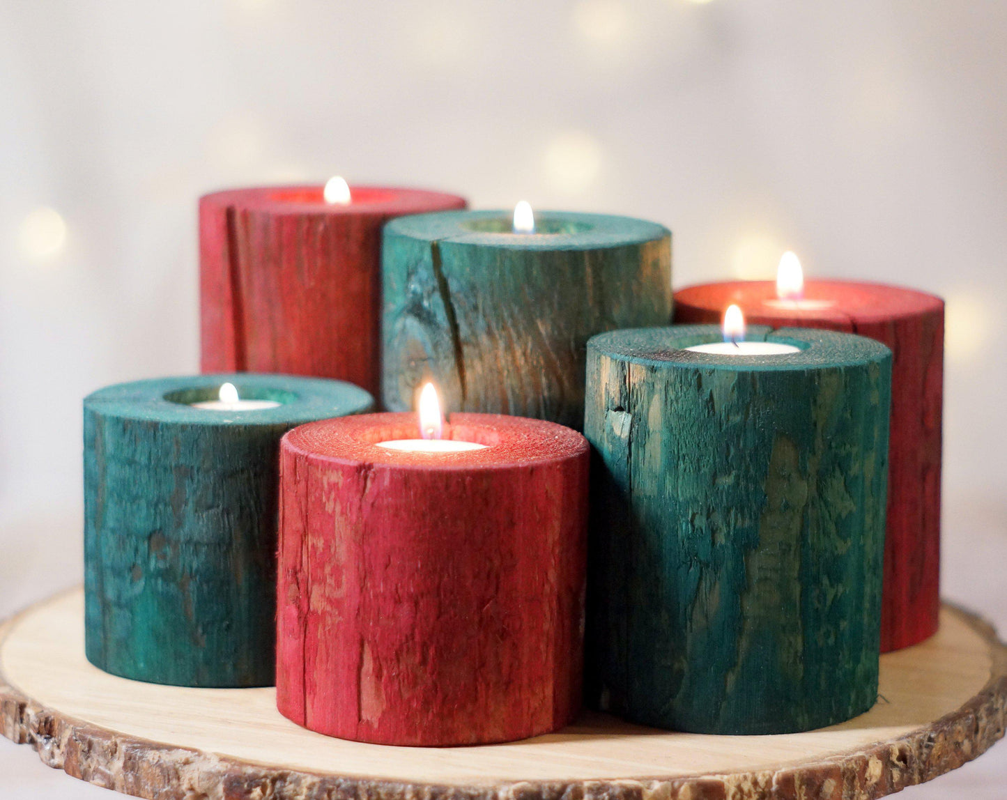 Log Candle Holders Red and Green-CHRISTMAS-GFT Woodcraft