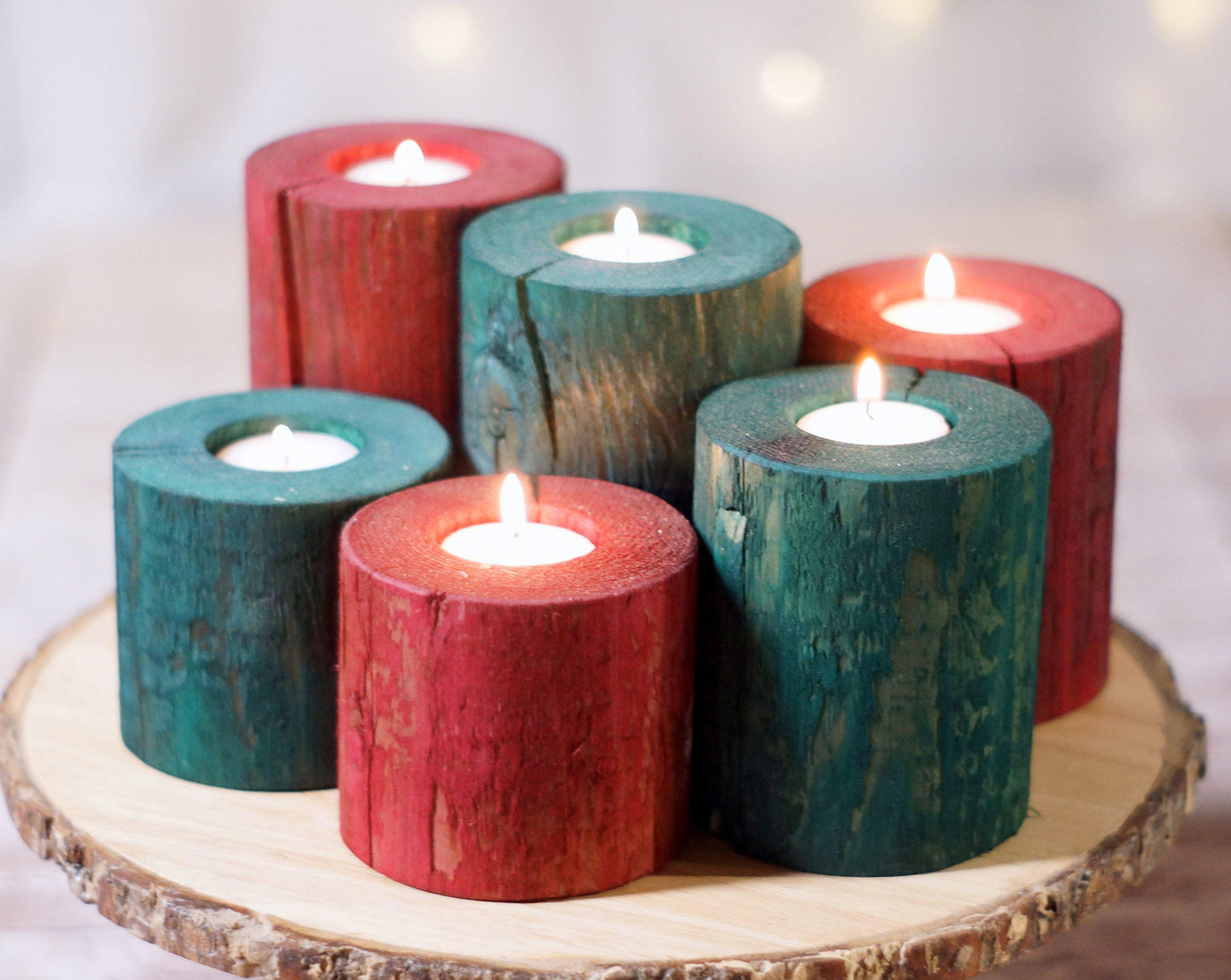 Log Candle Holders Red and Green-CHRISTMAS-GFT Woodcraft