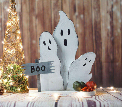 Fall Decor, Reclaimed Wood Ghosts Shelf Sitter-Halloween Decor-GFT Woodcraft