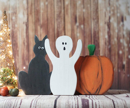 Fall Decor, Black Cat, Pumpkin, Ghost Shelf Sitter-Halloween Decor-GFT Woodcraft