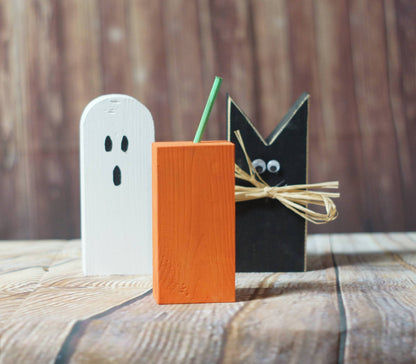 Fall Decor Rustic Halloween Black Cat, Pumpkin, Ghost Shelf Sitter-HALLOWEEN-GFT Woodcraft