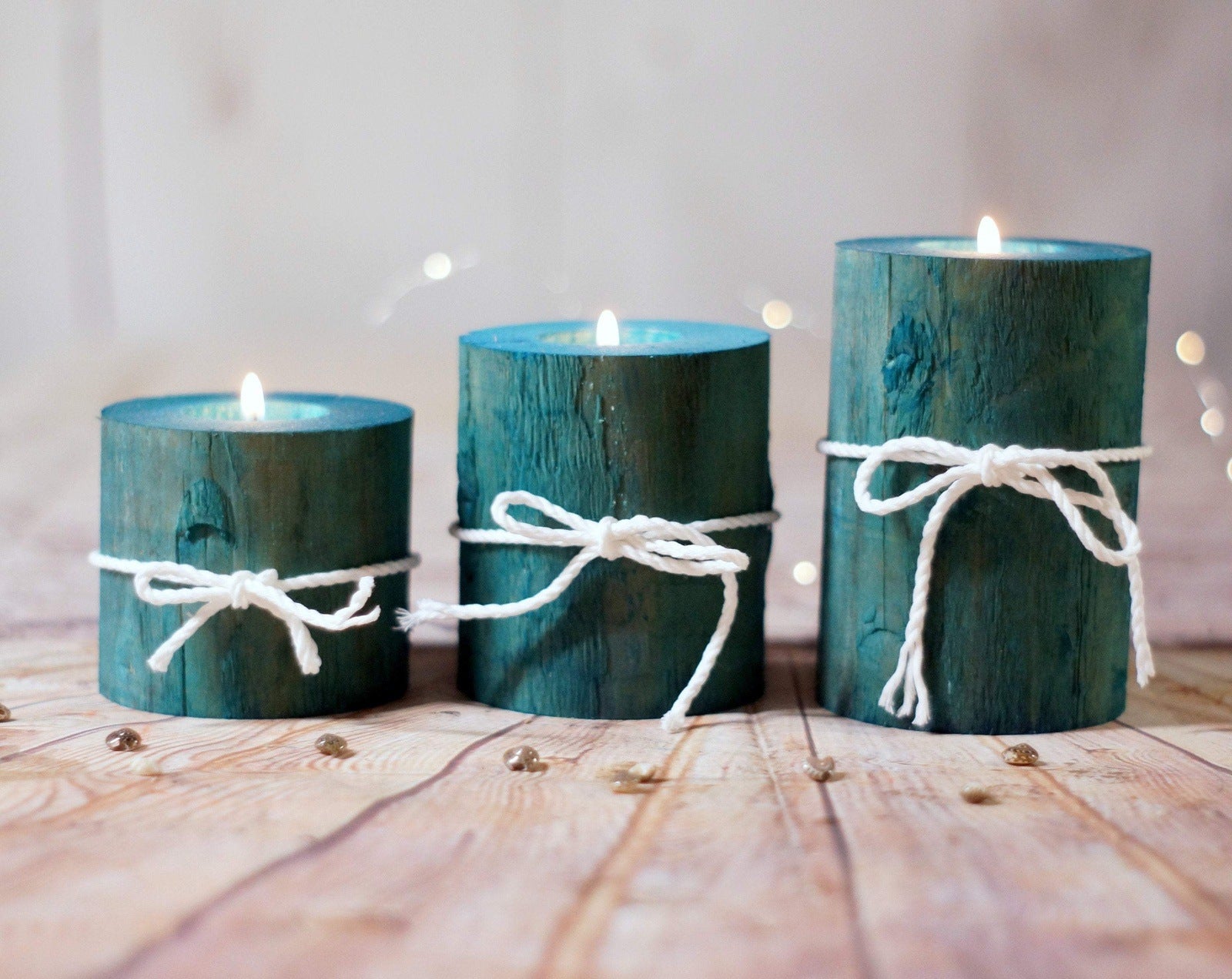 Log Candle Holders, Set of 3 Aqua Blue-Candle Holders-GFT Woodcraft
