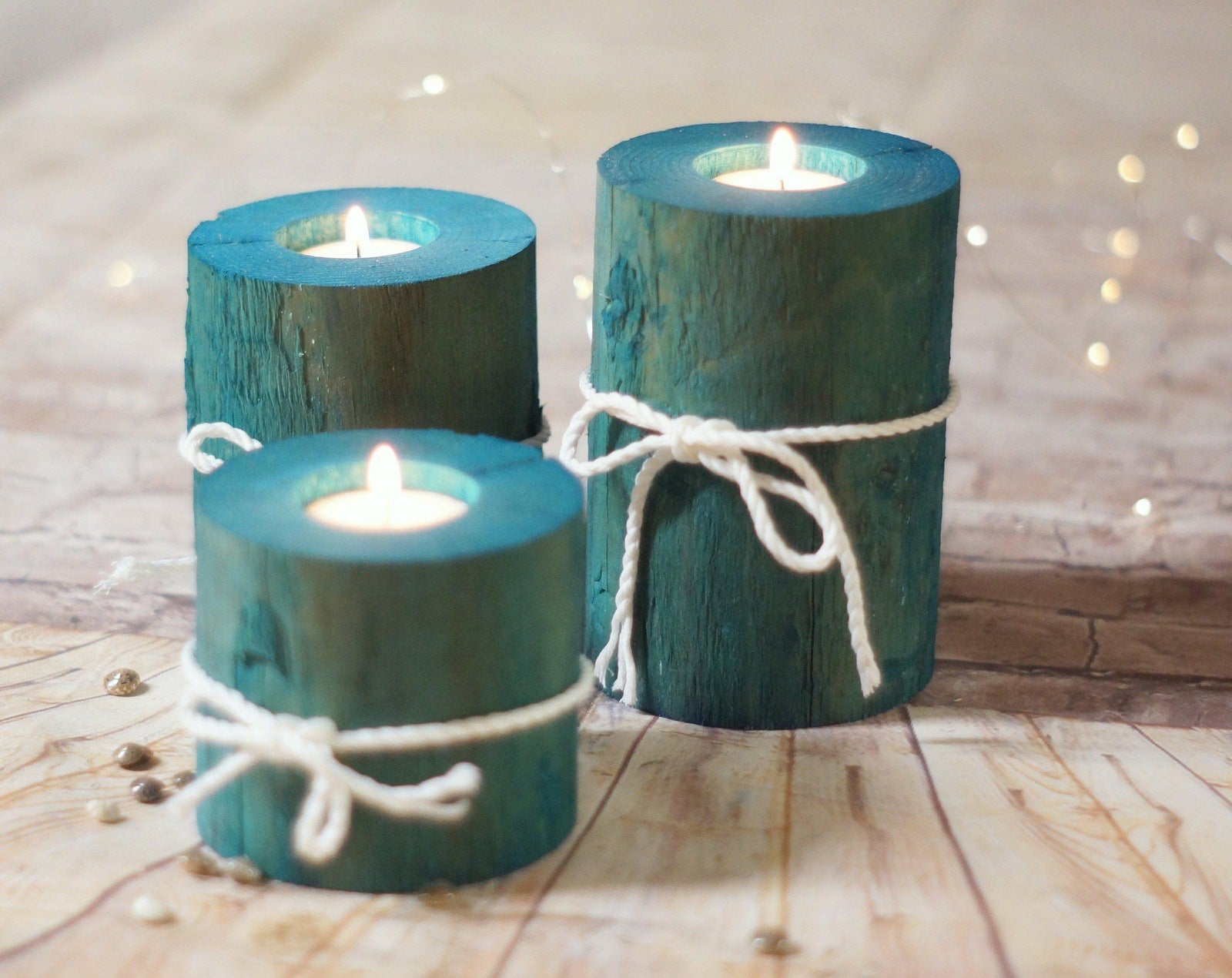 Log Candle Holders, Set of 3 Aqua Blue-Candle Holders-GFT Woodcraft